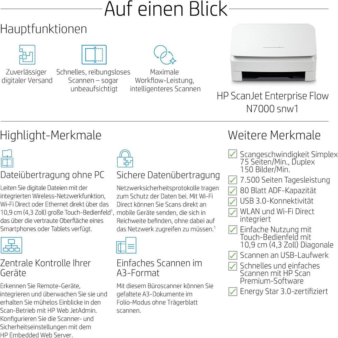 HP ScanJet Enterprise Flow N7000 snw1 (Scanner, Einzelblattzufuhr, 80-Blatt ADF, WLAN, LAN, USB)