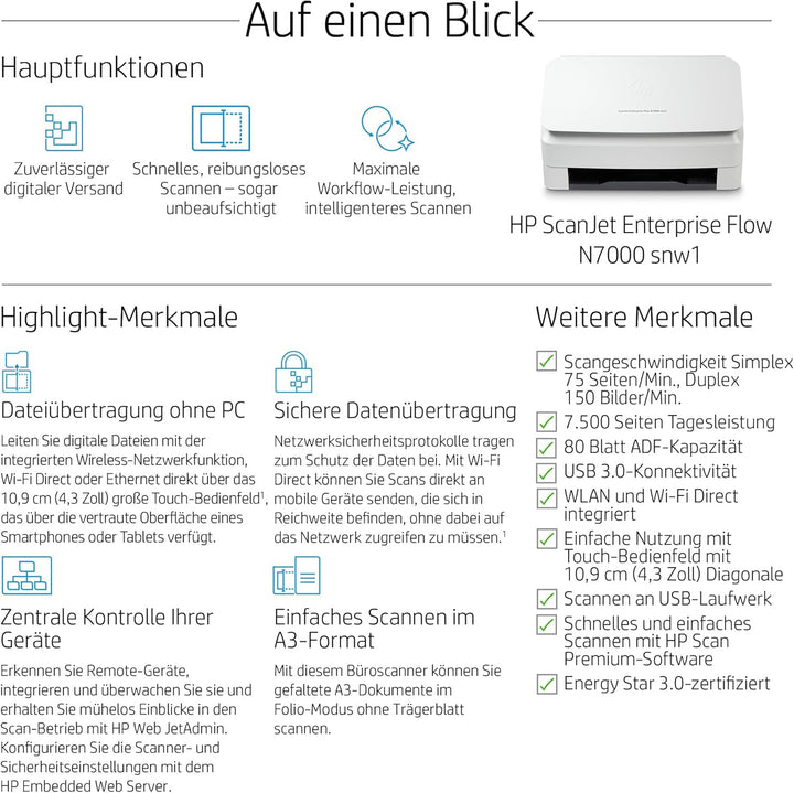 HP ScanJet Enterprise Flow N7000 snw1 (Scanner, Einzelblattzufuhr, 80-Blatt ADF, WLAN, LAN, USB)