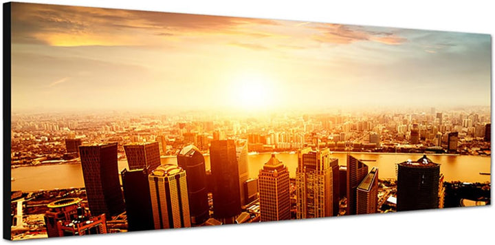 Paul Sinus Art Panoramabild auf Leinwand und Keilrahmen 150x50cm Shanghai Skyline Finanzviertel Dämm