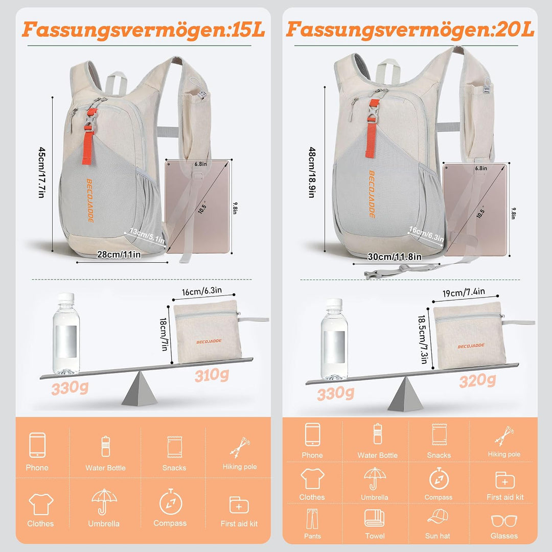 BECOJADDE 18L Wanderrucksack Herren Kleiner Rucksack Damen Leichter Daypack Tagesrucksack Faltbarer