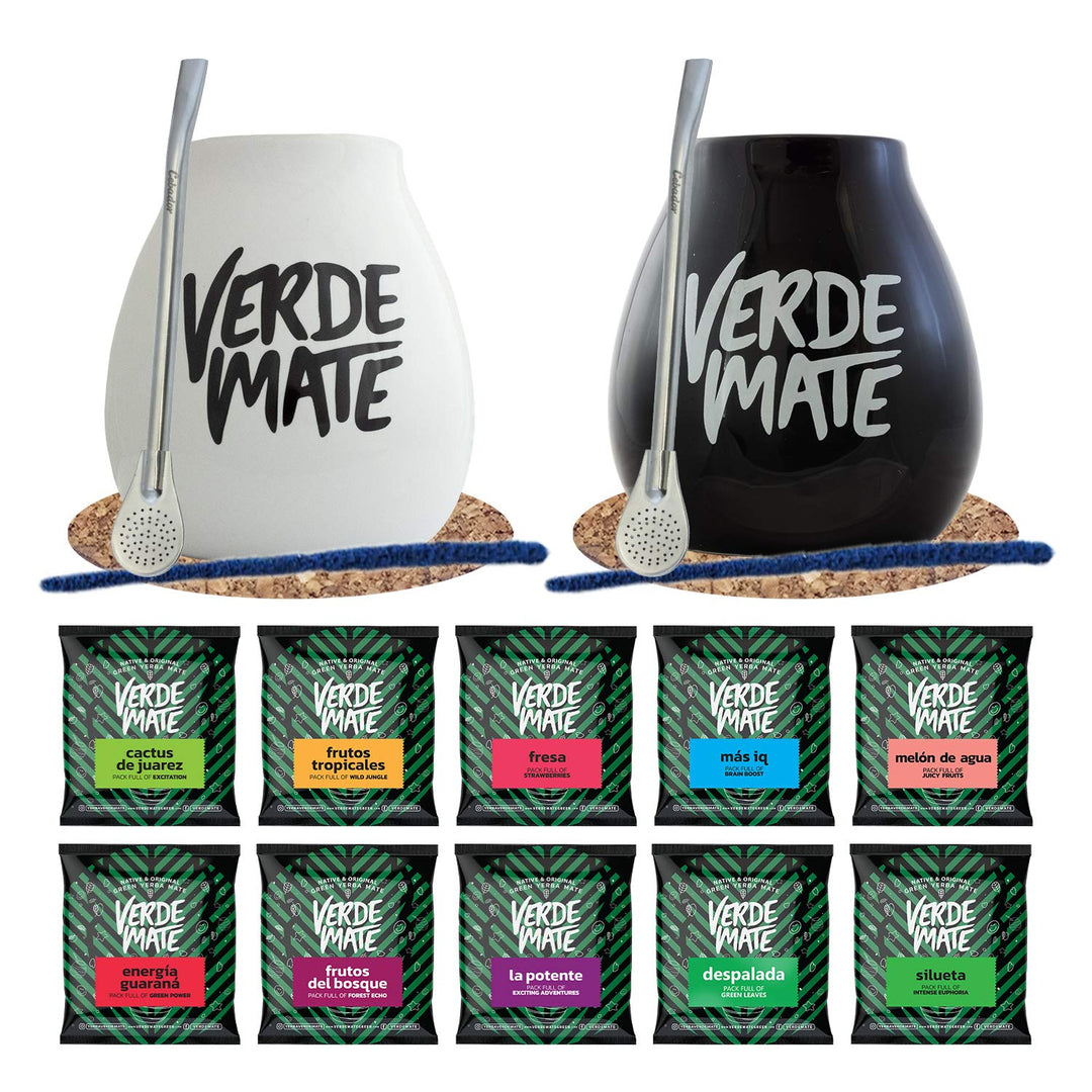 Mate Tee Verde Mate Set für 2 Personen - Yerba Mate Probierset 10x50g - Mit 2x Mate Becher und 2x Bo