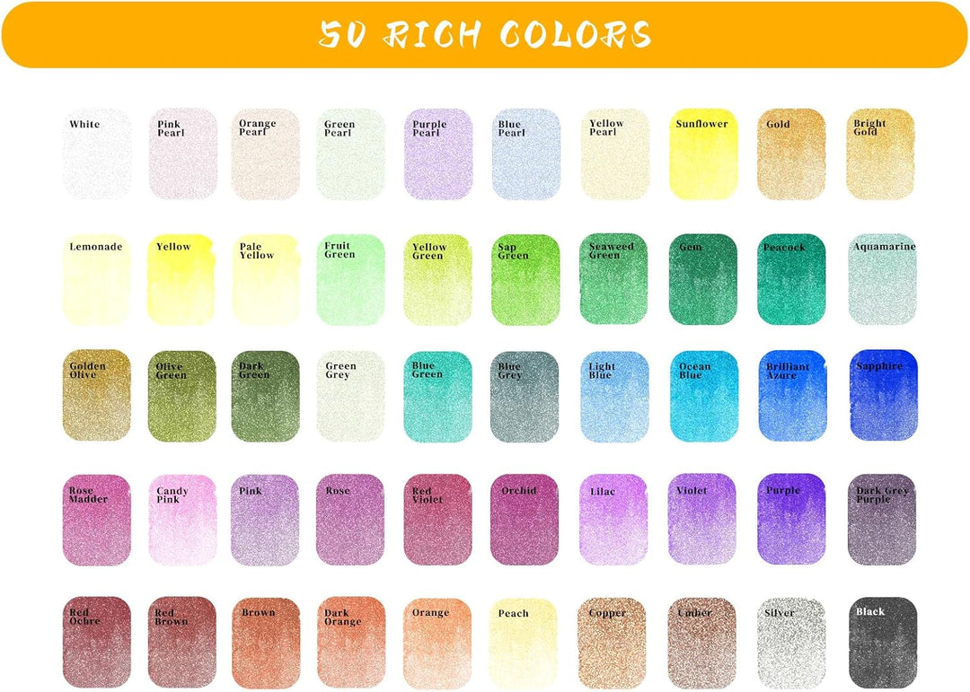 Artecho Aquarellfarben Set 50 Metallic Farben, Aquarell für Reisen, Wasserfarben für Künstler und Ho