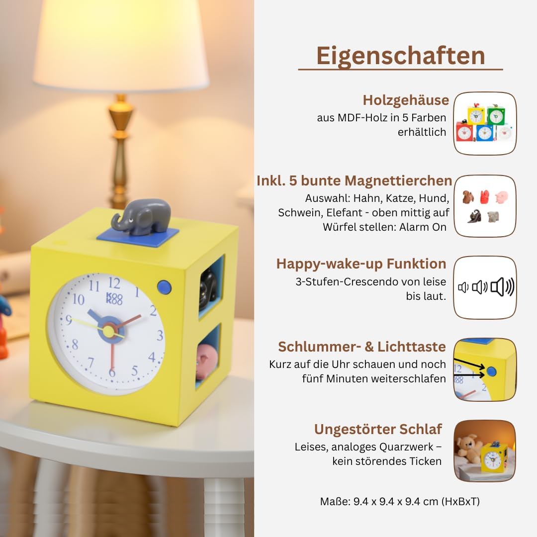 KOOKOO KidsAlarm gelb, Kinderwecker mit 5 Bauernhoftieren und echten Aufnahmen, Gelb