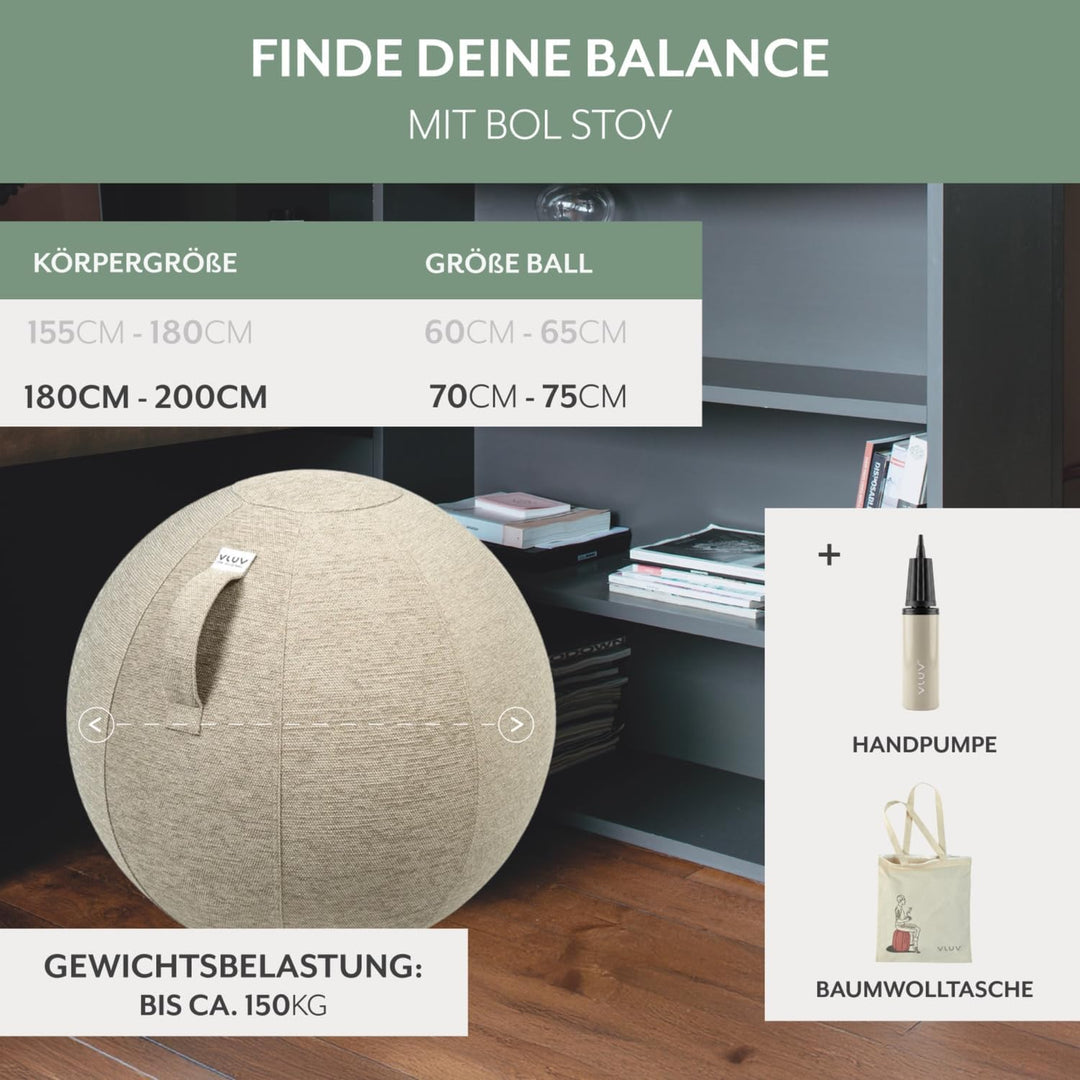 VLUV® BOL STOV Sitzball Büro Ergonomisch [Atmungsaktiv mit Tragegriff und Wegrollschutz] Waschbarer