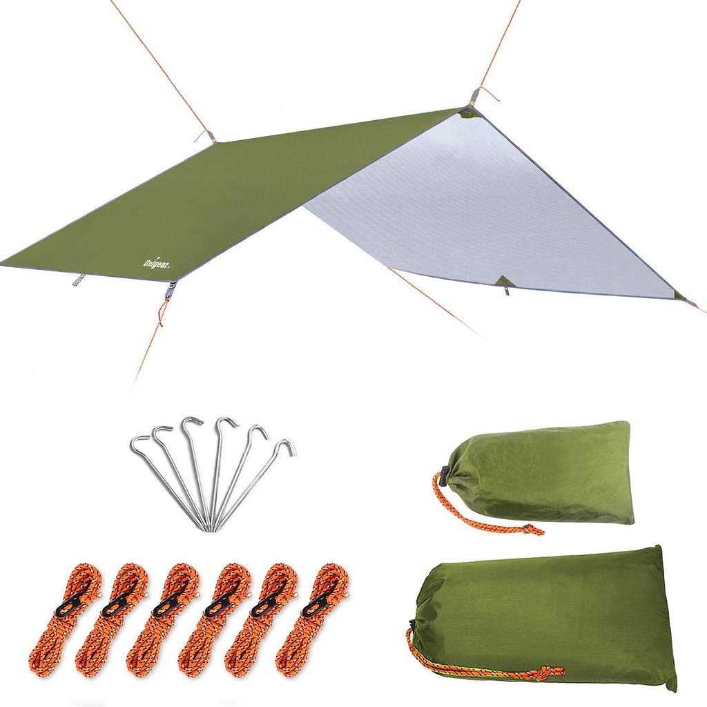 Unigear Tarp 3x3 3x4 3x5 4x4 wasserdicht, Zeltplane für Hängematte mit Ösen + 6/8 Erdnägel + 6/8 Sei