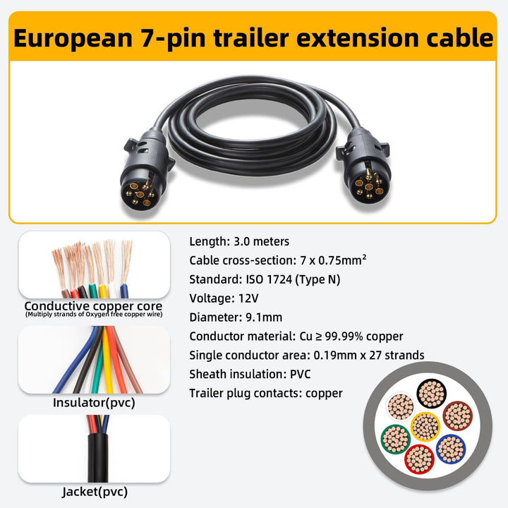 7 polig Anhängerkabel 3,0m, 7-7 polig Anhänger Stecker ISO 1724-12V, Anhänger Verlängerungskabel 7 p