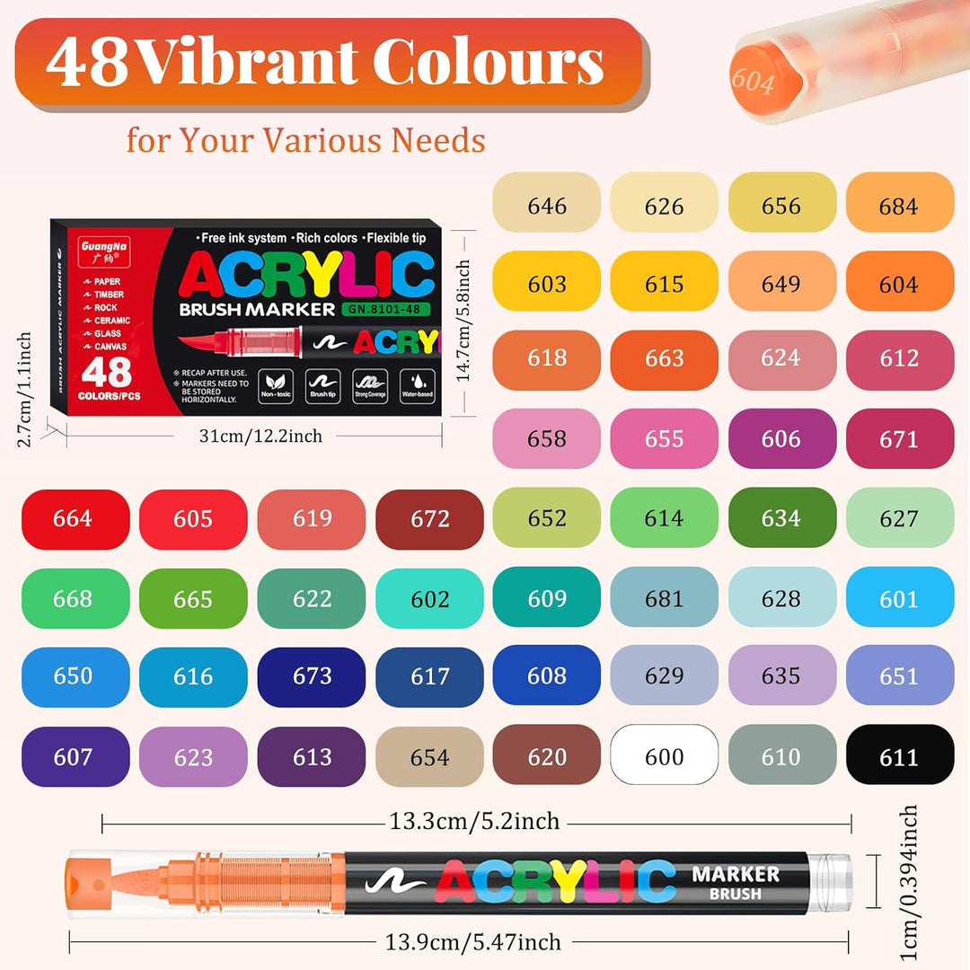 Funnasting 48 Farben Acrylstifte, Weiche Pinselspitze Acrylmarker, Acrylstifte Set für Steine Wasser