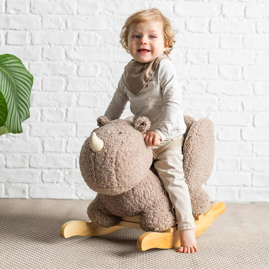 Nattou Schaukeltier aus weichem Teddy-Stoff, Schaukeltier Nashorn, Inkl. Sicherheitsgurt, Fröhliches