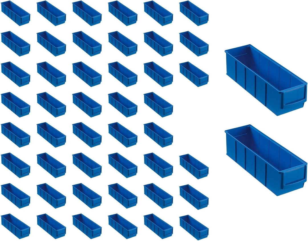 SuperSparSet 48x Blaue Industriebox 300 S | HxBxT 8,1x9,1x30cm | 1,6 Liter | Sichtlagerkasten, Sorti