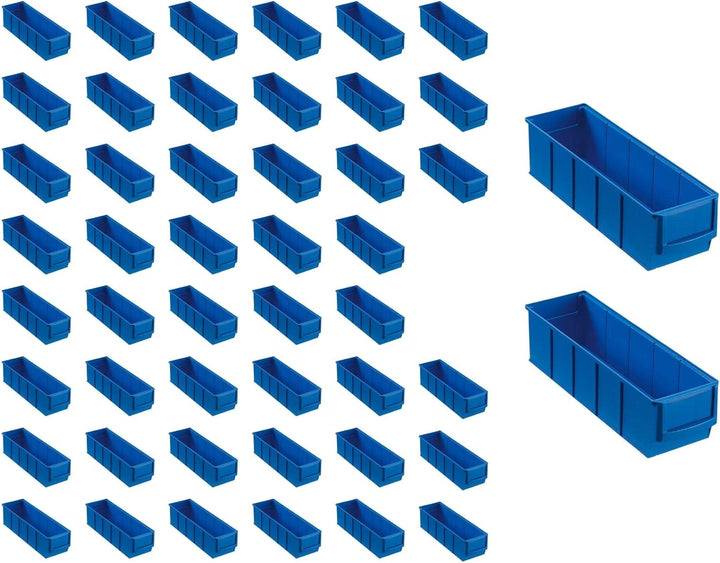 SuperSparSet 48x Blaue Industriebox 300 S | HxBxT 8,1x9,1x30cm | 1,6 Liter | Sichtlagerkasten, Sorti