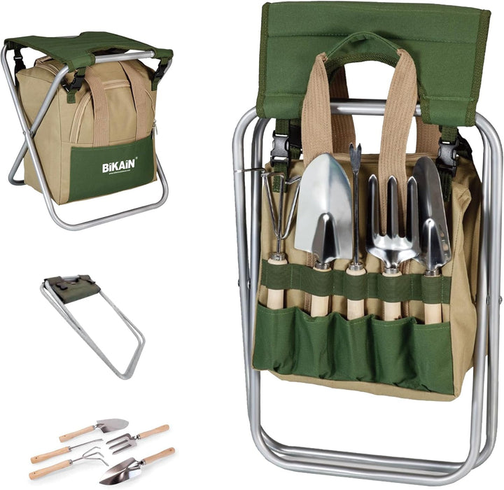 BIKAIN Klappbarer Gartenhocker – Werkzeugset – Aufbewahrungstasche mit Reissverschluss – inkl. 5 Wer