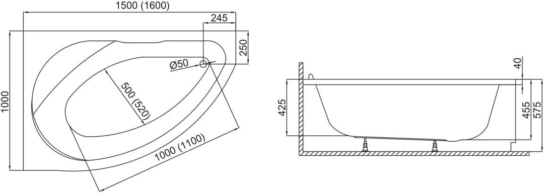 BADLAND Original Eckbadewanne Weiss Acryl Wanne Badewanne Marea 150x100 cm Rechts KOMPLET KOMPLETTSE
