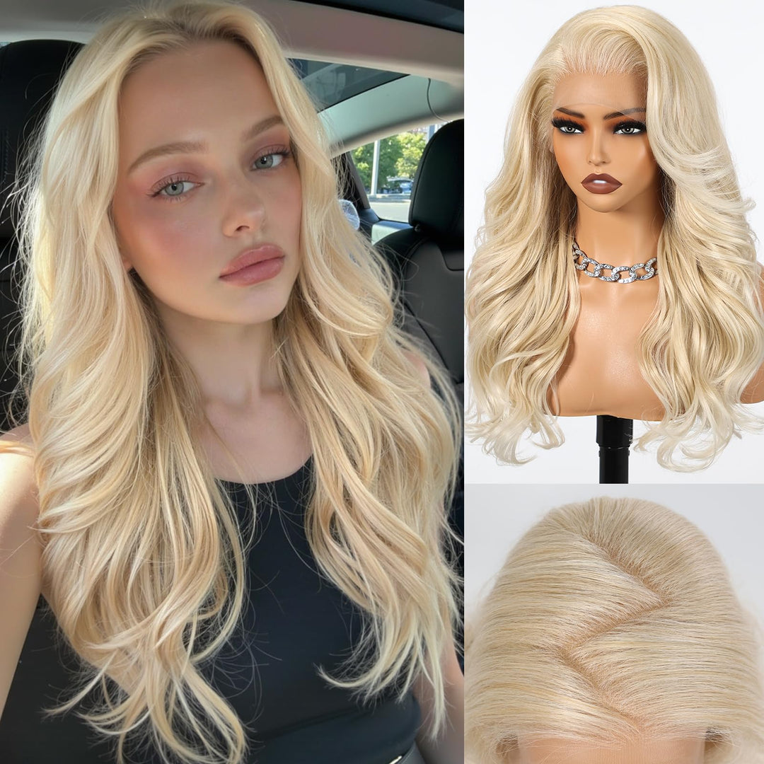 HAIRCUBE 13x6 HD Synthetische Lace-Front-Perücke, 24 Zoll Platinblond Lange Lockige Stufenperücken,
