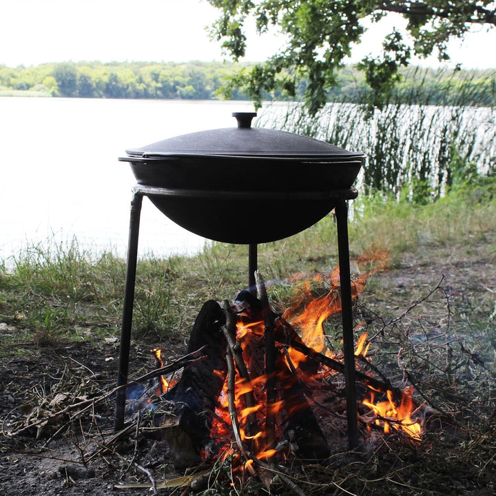 4BIG.fun Schwenktopf Kazan 15 L Camping Gusseisen mit Bügel und Deckel + Schaumkelle Bräter Tatarski