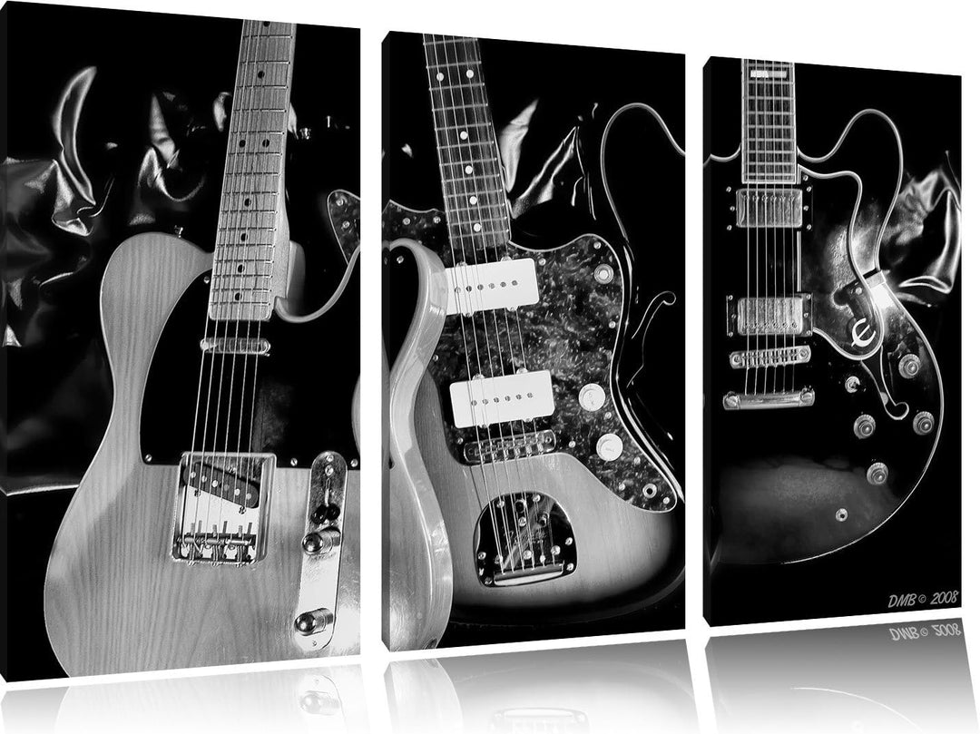 Pixxprint Monocrome, Elegante E-Gitarren 3-Teiler Leinwandbild 120x80 Bild auf Leinwand
