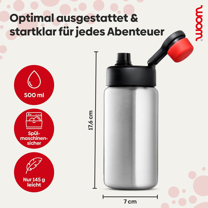 woom GLUG Edelstahlflasche mit Flaschenhalter, Trinkflasche für Kinder, Fahrradflasche, 500 ml, Ausl