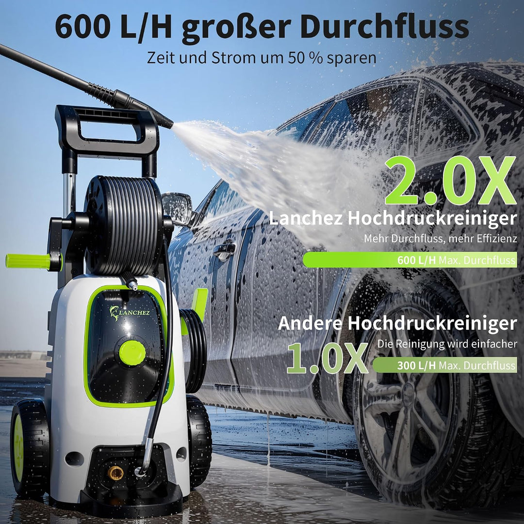 LANCHEZ Hochdruckreiniger 600 l/h 200bar, 7-in-1-Zubehör Kit 500ml Schaumsprüher, Schnellkupplungen,