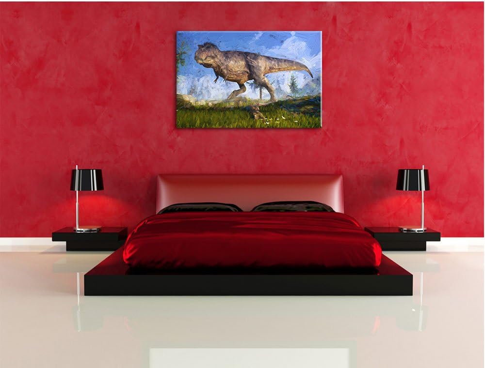 Pixxprint T-Rex Dinosaurier in der Natur Kunst Pinsel Effekt, Format: 100x70 auf Leinwand, 100x70