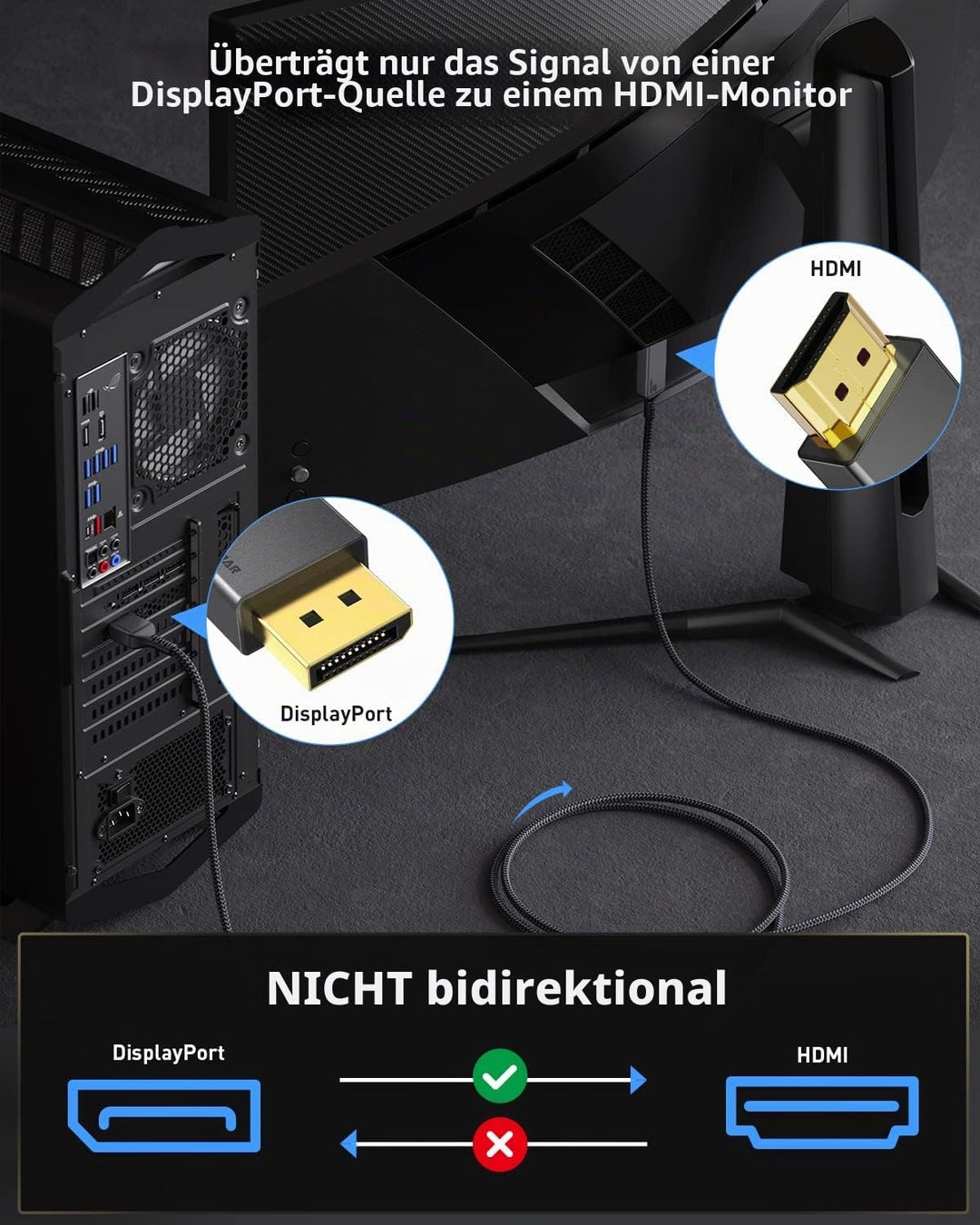 DisplayPort 1.4 auf HDMI 2.1 8K Kabel,Maxonar DP auf HDMI-Kabel 2m(6.6ft),[Aluminiumgehäuse,Nylongef
