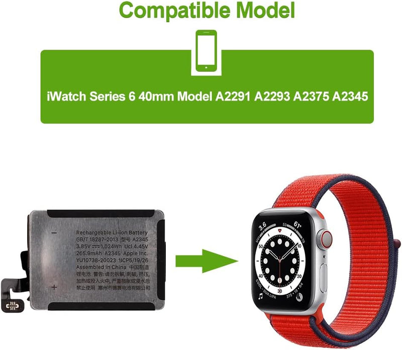 SwarKing Ersatz Akku Kompatibel mit iWatch Series 6 40mm Model A2291 A2293 A2375 A2345 with Toolkit