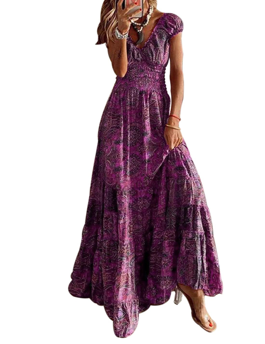 ABYOVRT Sommer Kleider Damen Sommerkleid Boho Lang Kleider Böhmisch Blumen Strandkleid V-Ausschnitt