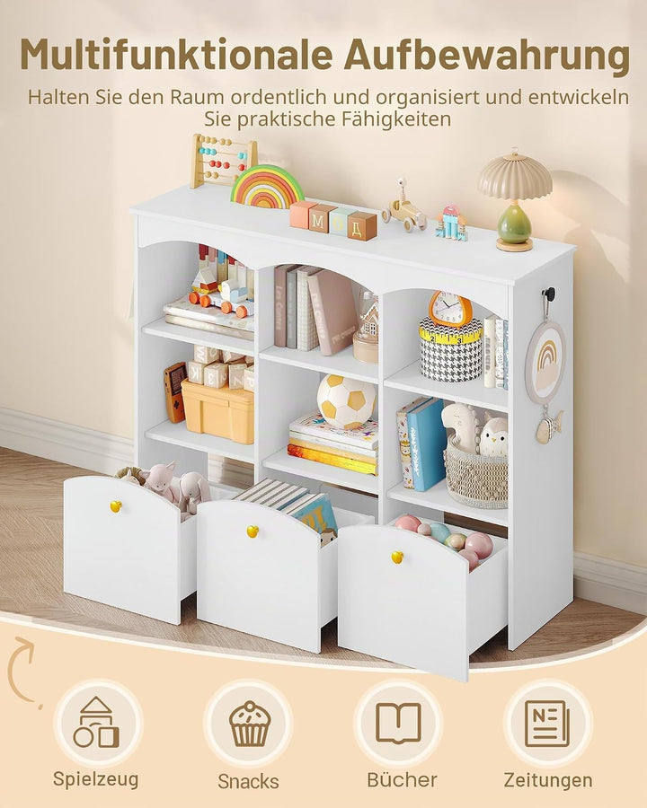 Hzuaneri Kinderregal 103 cm Breite, Kinderzimmer Möbel Weiss | Kinderregal mit 3 Rollboxen, 6 offene