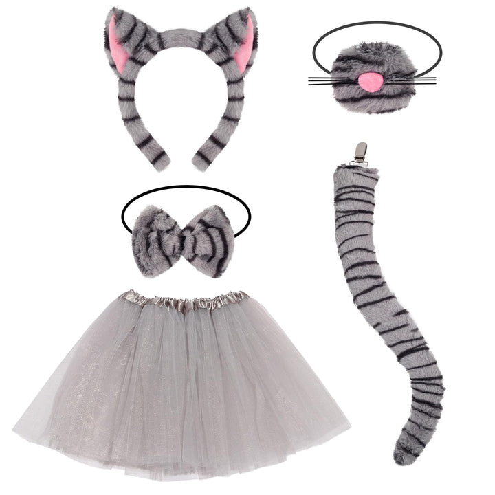 5 Stück getigerte Katzenkostüm-Accessoires für Mädchen, graues Katzenkostüm mit Stirnband, Nase, Fli