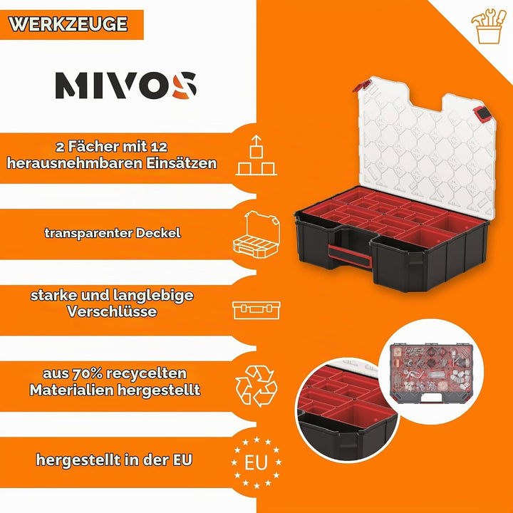 Mivos Sortimentskasten 390x284x60 mm - Sortierkasten Kleinteile mit 12 Einsatzboxen - Zubehörbox - S