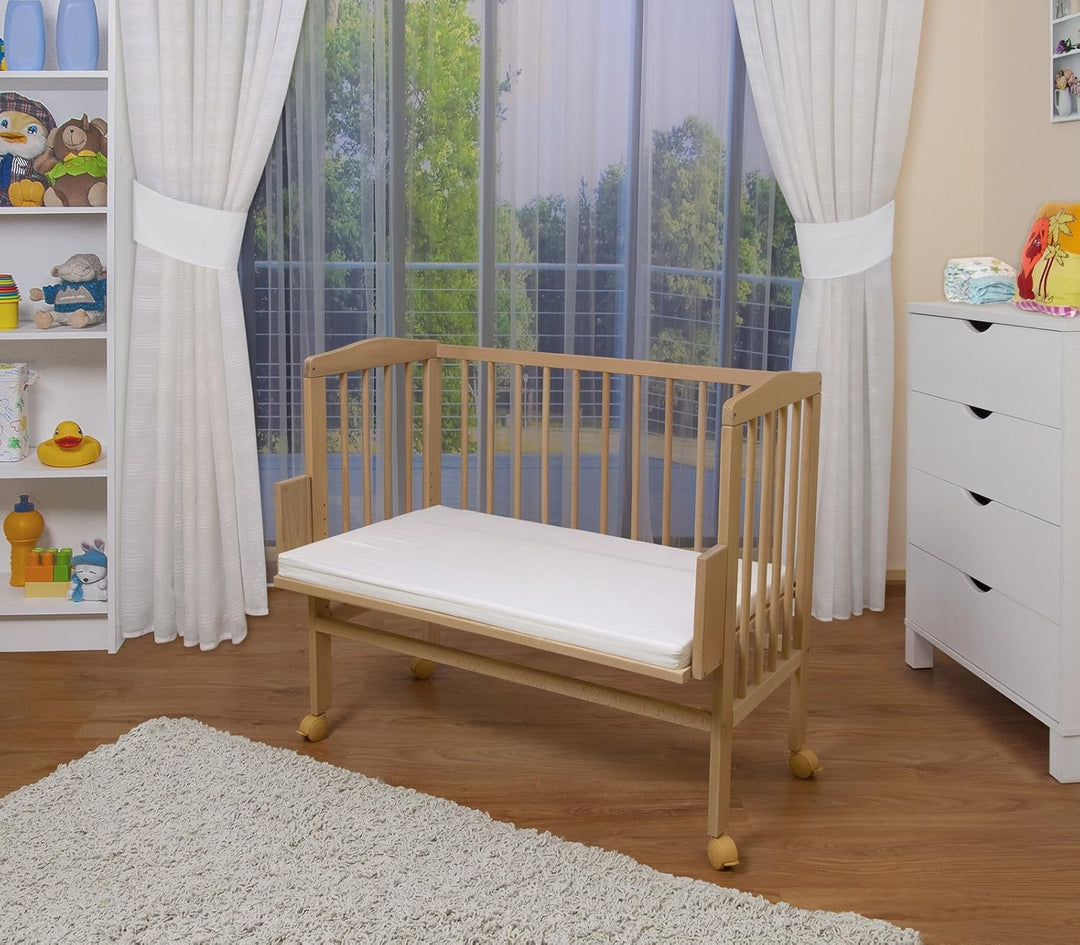 Waldin Beistellbett mit Matratze, höhen-verstellbar, Holz Natur unbehandelt,Grosse Liegefläche 90x55