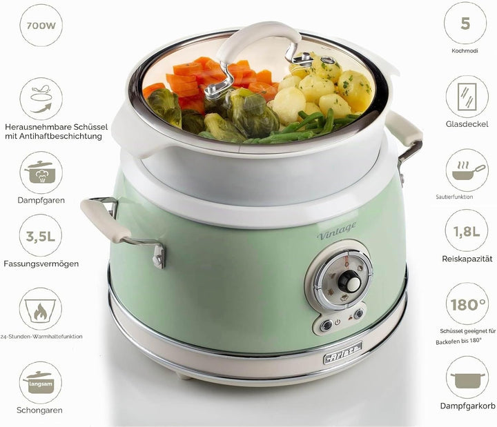 Ariete 2904, Rice Cooker, Reiskocher Slow Cooker, Dampfgarer, Vintage-Linie, 3,5 l, antihaftbeschich