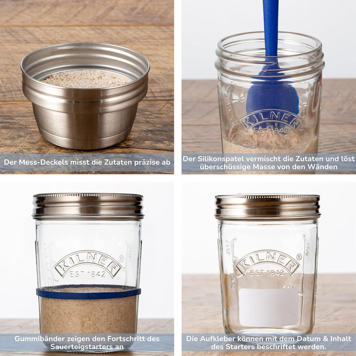 Kilner Sauerteig Starter Set 5-teilig / 350 ml / Glas mit Messbecher-Deckel, Weithals-Glas, Gummirin