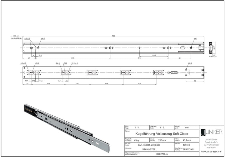 Junker 2 Paar Vollauszüge KV1-45-H45- L700-SC 700 mm mit Selbsteinzug u. Dämpfung (SoftClose) Telesk