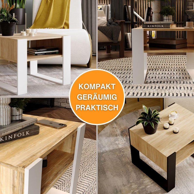 CraftPAK Wohnzimmer Tisch für Couch aus hochwertigem Holz, Stabiler & moderner Couchtisch mit zusätz