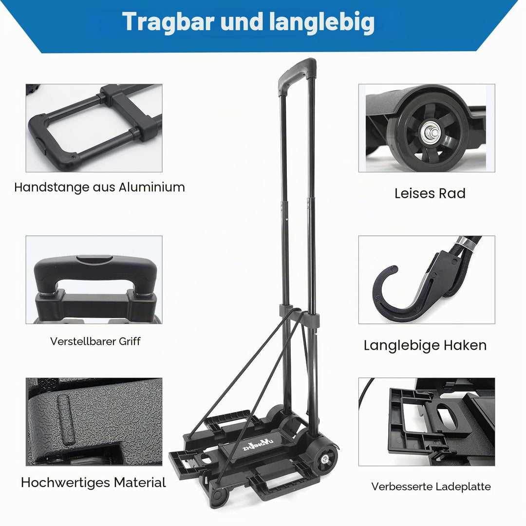 ZHJINGYU Sackkarre Klappbar, 35KG Transportkarre mit Teleskopstange, 2 Expanderseilen inklusive - Le