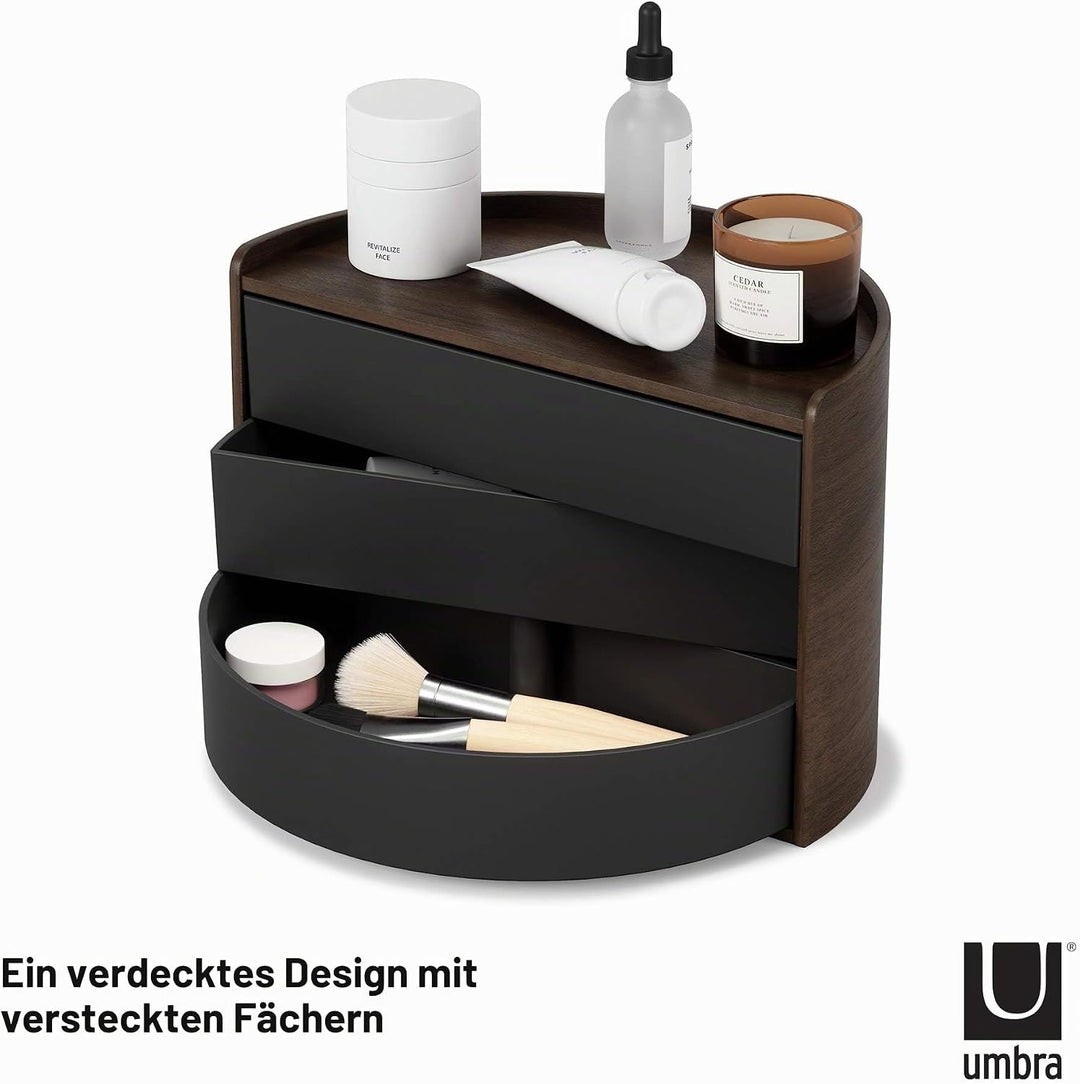 UMBRA Moona Schmuckaufbewahrung, Makeup Accessoire Organizer mit drehbaren Schubfächern, Schwarz/Wal