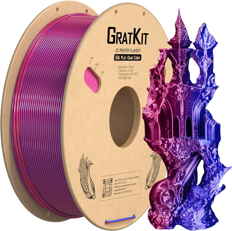 GratKit Silk Dual Color Filament PLA 1.75mm, -0.03mm, Coextrusion PLA Filament, 3D Drucker Filament,