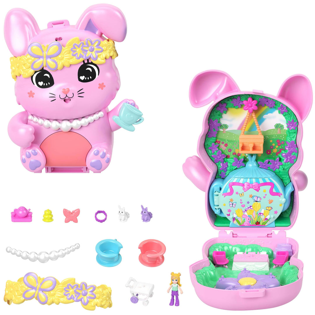Polly Pocket Puppen und Spielset, Teeparty-Häschen-Schatulle, Spielzeug für unterwegs mit 1 kleinen