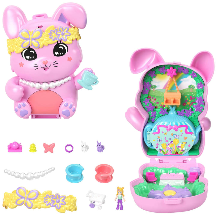 Polly Pocket Puppen und Spielset, Teeparty-Häschen-Schatulle, Spielzeug für unterwegs mit 1 kleinen