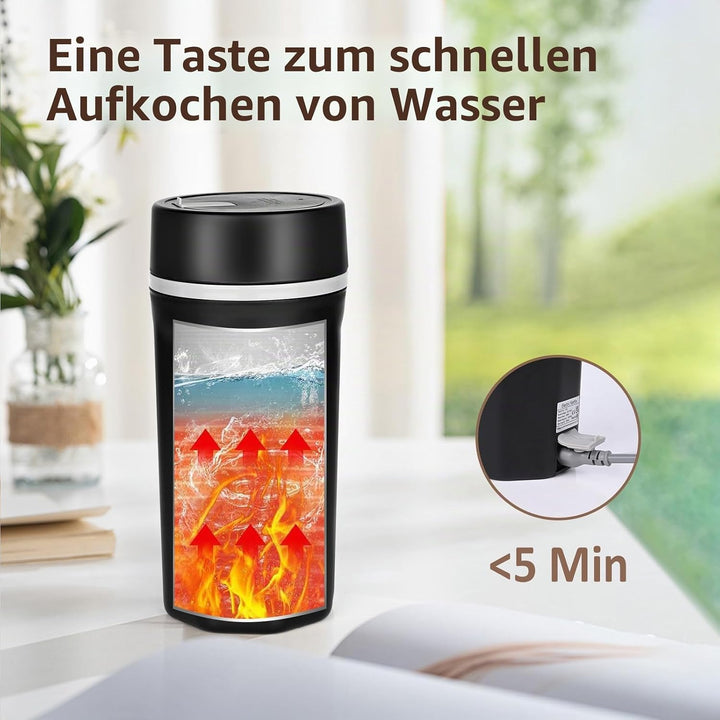 Reise Wasserkocher Klein Elektrische Wassertasse 500ML Tragbarer Mini-Heizbecher 304 Edelstahl Liner