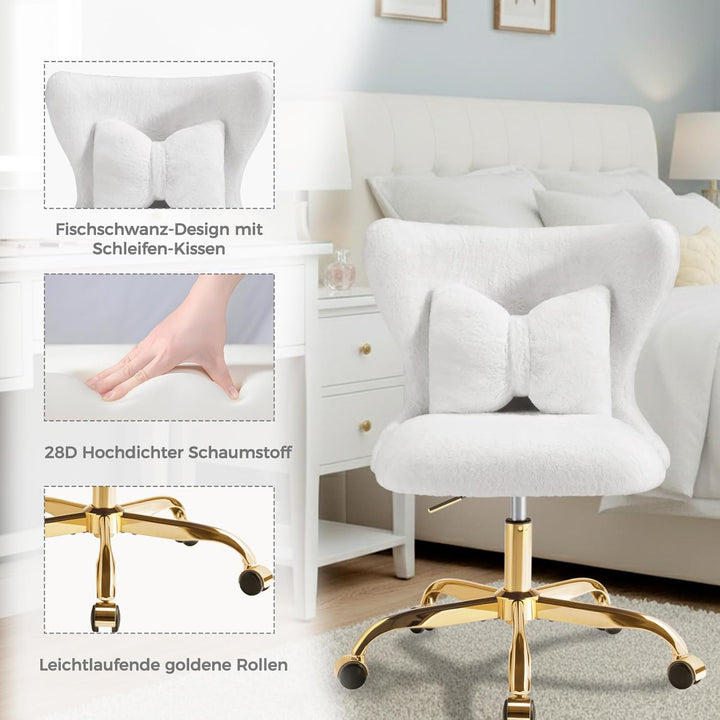 Schminktisch Stuhl mit Rollen Gold, Schreibtischsessel Mädchen, Drehstuhl Home Office mit Kissen, Hö