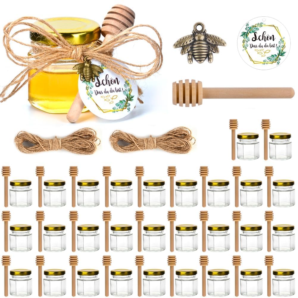30er Mini Honiggläser 45ml Set, Gastgeschenke Hochzeit, Honiggeschenke für Muttertag, Konfirmation,