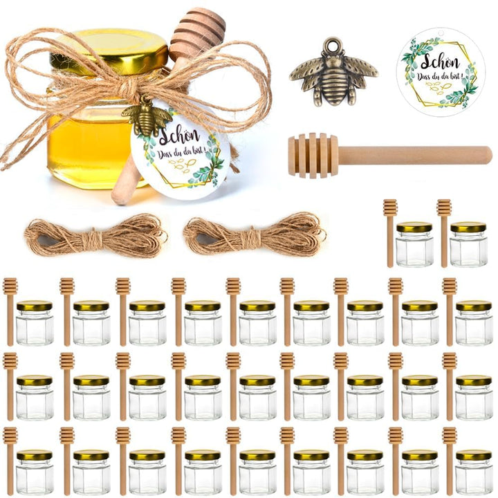 30er Mini Honiggläser 45ml Set, Gastgeschenke Hochzeit, Honiggeschenke für Muttertag, Konfirmation,