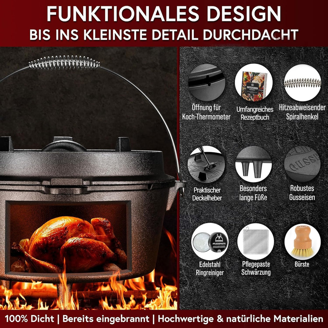 Dutch Oven Set 7 Liter [für 3-6 Person] – Eingebrannter Feuertopf mit Füsse, inkl. praktischem Decke