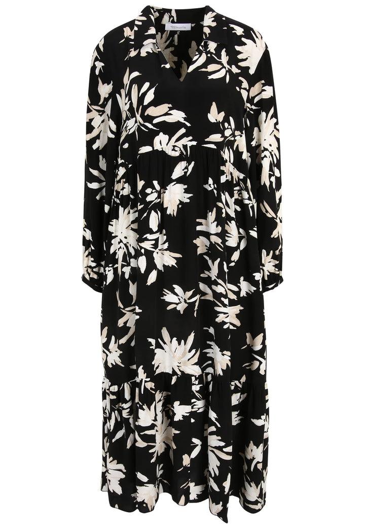 Tamaris Damen AUBURN AOP Langes trapes Kragen Kleid 36 Black Flower Aop, 36 Black Flower Aop