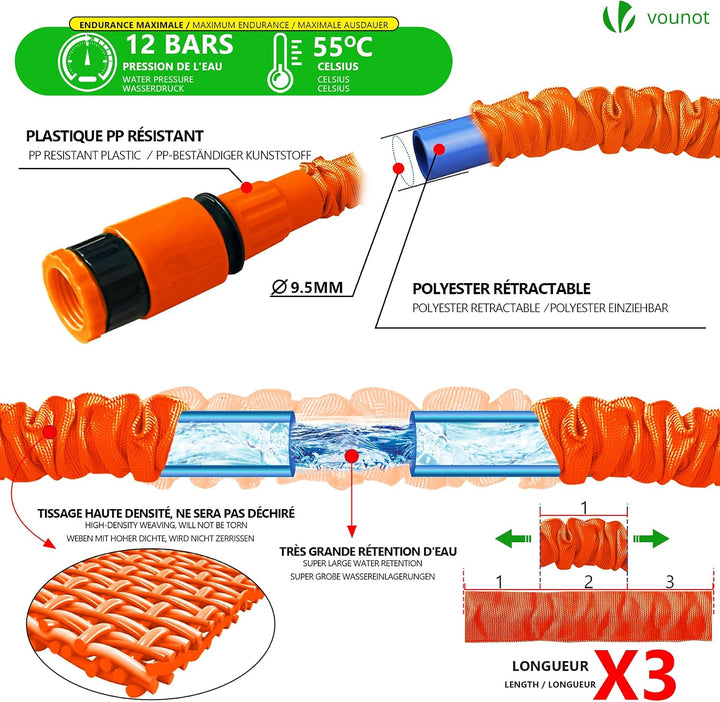 VOUNOT Flexibler Gartenschlauch 15 m, Flexibel Wasserschlauch Dehnbarer mit 10 Sprühfunktionen, 1/2