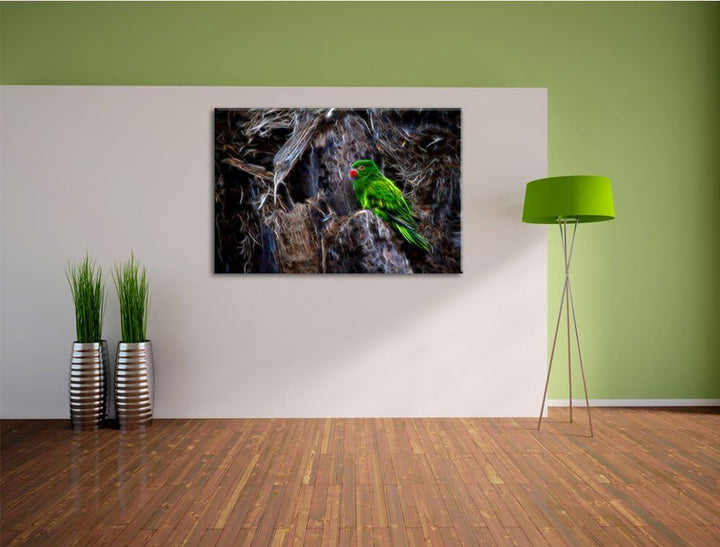 Dark grüner Papagei im Gehölz Spezial Format: 100x70 cm auf Leinwand, XXL riesige Bilder fertig gera