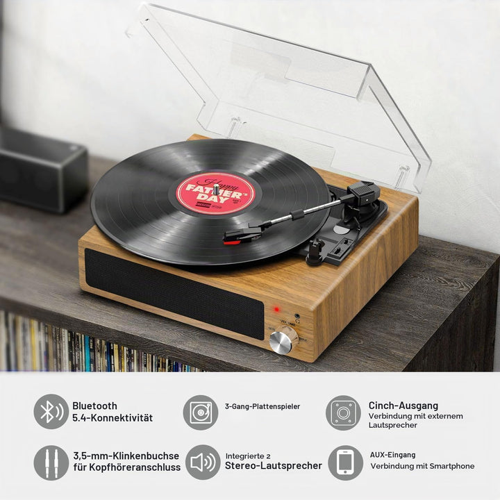 FYDEE Plattenspieler, Bluetooth 5.4 Schallplattenspieler mit Einstellbarer Auflagekraft, 2x3W Stereo