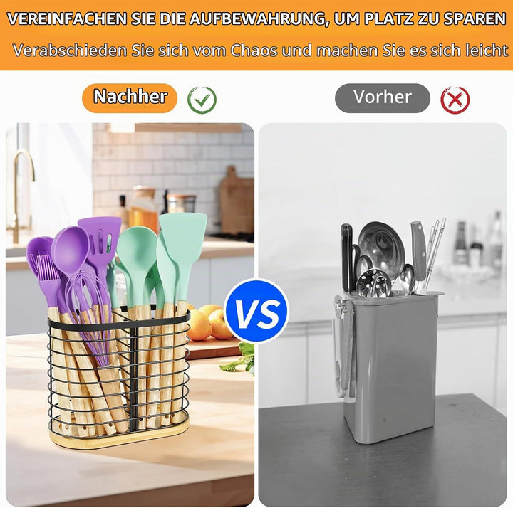 Utensilienhalter für Küchentheke，Küchenarbeitsplatte Utensil Organizer，grosse schwarze Edelstahl Ute