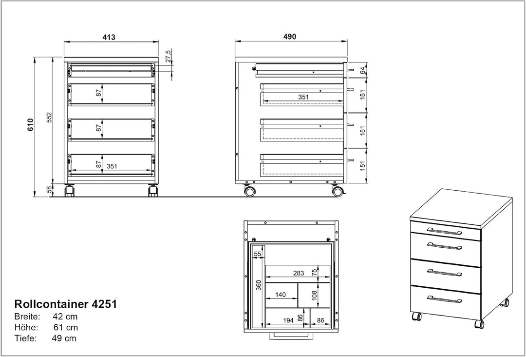 Germania Rollcontainer 4251-564 GW-Profi, in Graphit/Grandson-Eiche-Nb., mit Utensilienfach, 42 x 61