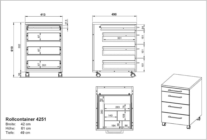 Germania Rollcontainer 4251-564 GW-Profi, in Graphit/Grandson-Eiche-Nb., mit Utensilienfach, 42 x 61